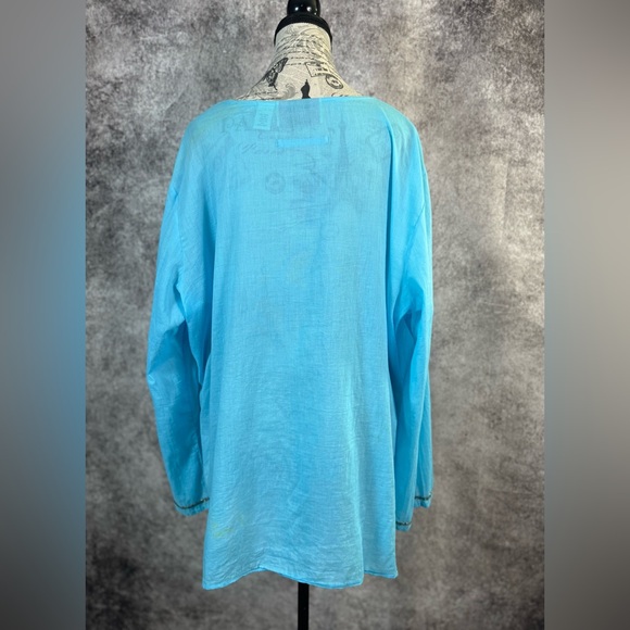 Tantrums Cotton Sky Blue Silver Beaded V- Neckline Long Sleeve Tunic Size 3X - Picture 2 of 11